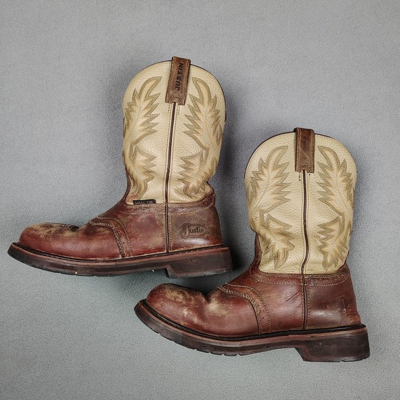 JUSTIN Superintendent Cowboy Work Boot Mens 10.5D Tooled Leather 11" Steel Toe - Picture 11 of 12